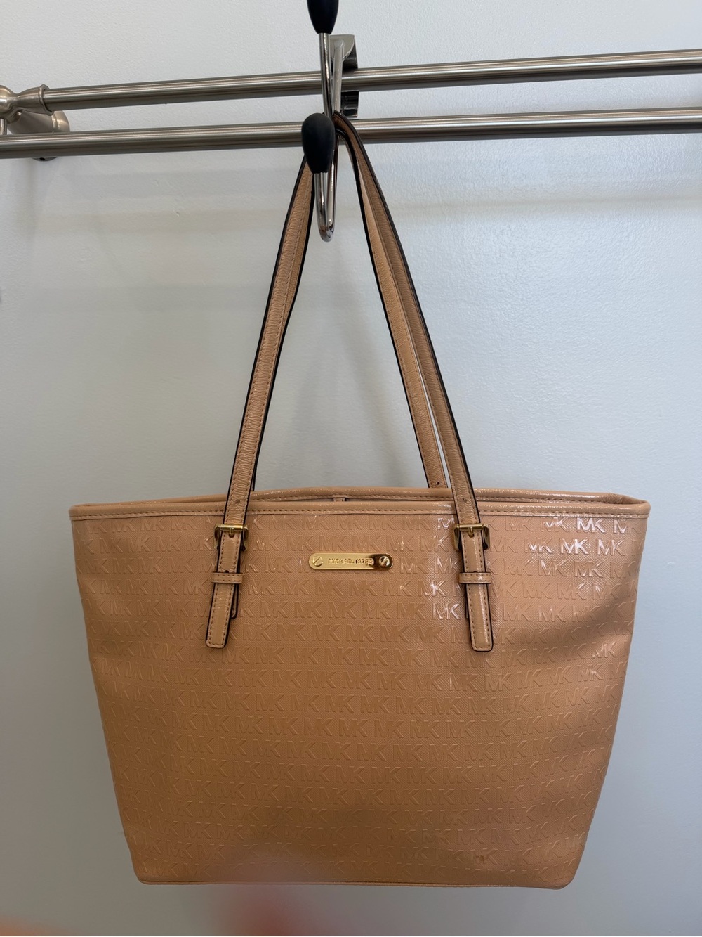 Michael Kors Nude/Tan Patent MK Logo Tote with Gold Hardware
